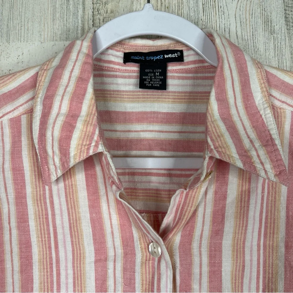 Saint Tropez West 100% Linen Shirt‎ Women's M Pink White Striped Coastal Grandma